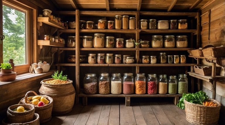 A well-organized off-grid food storage system, showcasing a root cellar, canned goods in glass jars, dried foods stored in baskets, and a zeer pot actively cooling perishable items.